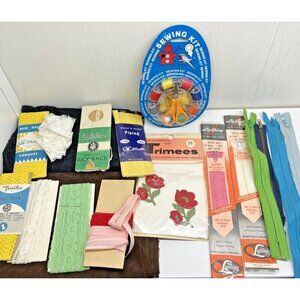 Vintage Sewing Kit Lot Includes Lace, Zippers, Piping & Rick Rack sewing notions